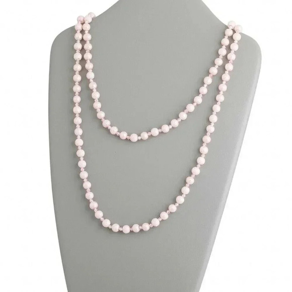 Retro Textured Glass Pearl Opera Length Necklace Light Pink - Picture 1 of 2